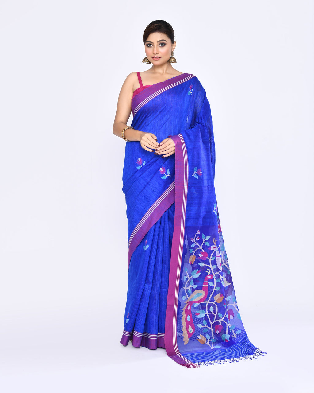 Piyari Fashion Women's Royal Blue Embellished Matka Silk Jamdani Saree | Grocsy