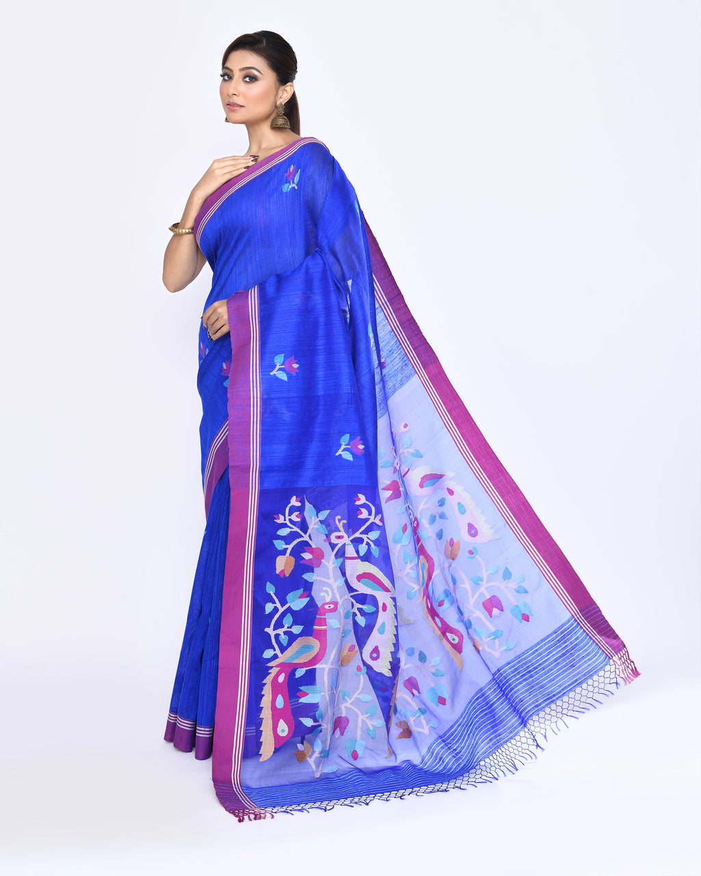 Piyari Fashion Women's Royal Blue Embellished Matka Silk Jamdani Saree | Grocsy