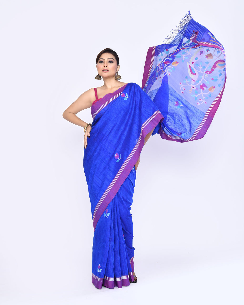 Piyari Fashion Women's Royal Blue Embellished Matka Silk Jamdani Saree | Grocsy