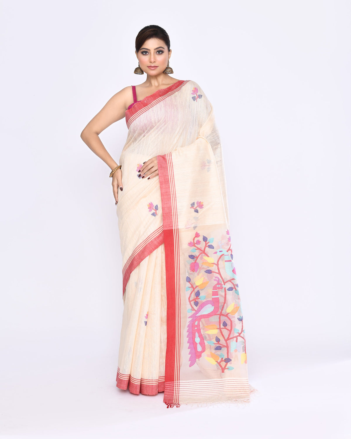 Piyari Fashion Women's Off White Embellished Matka Silk Jamdani Saree | Grocsy
