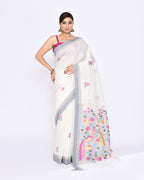 Piyari Fashion Women's Off White Embellished Matka Silk Jamdani Saree | Grocsy