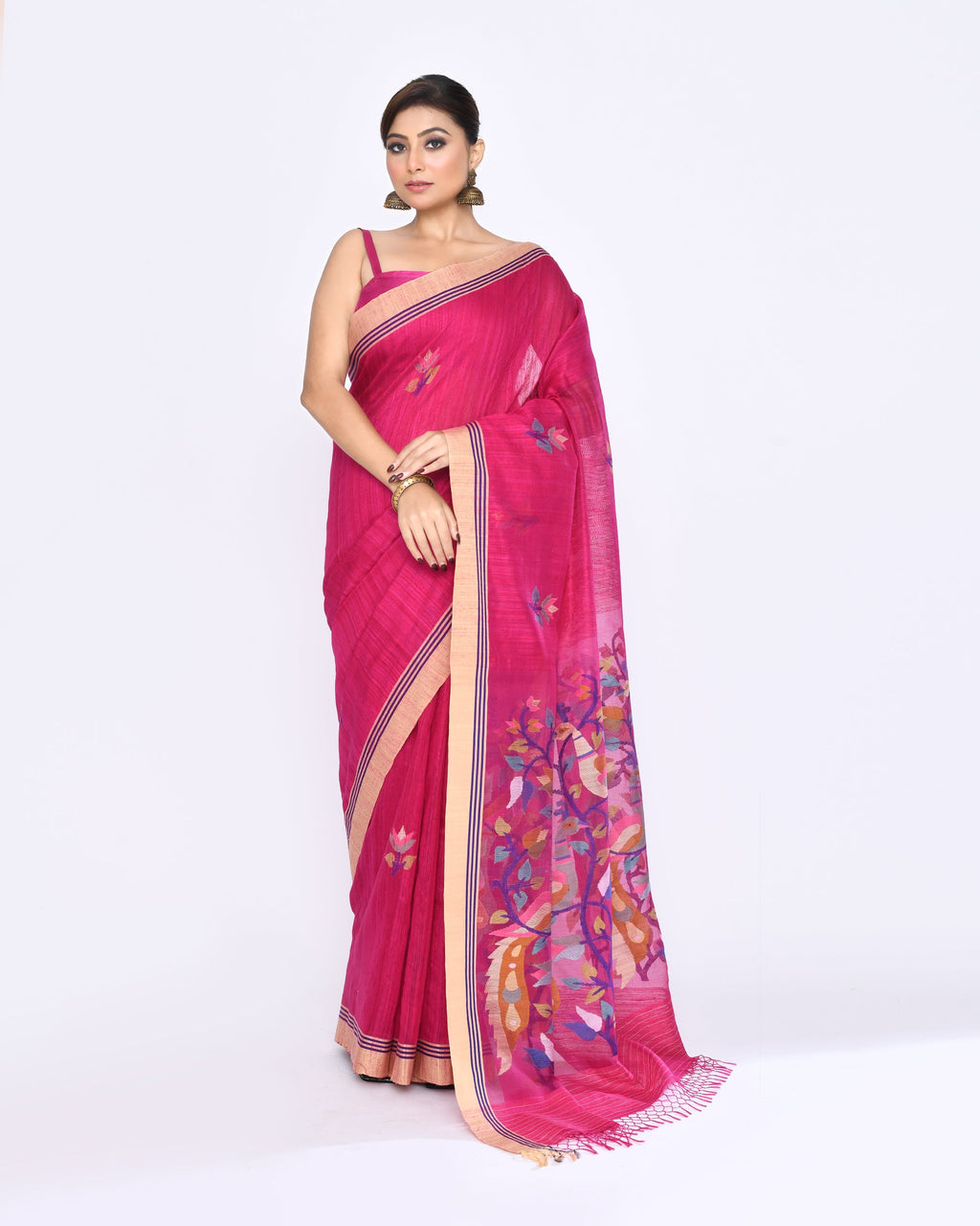 Piyari Fashion Women's Rani Pink Embellished Matka Silk Jamdani Saree | Grocsy