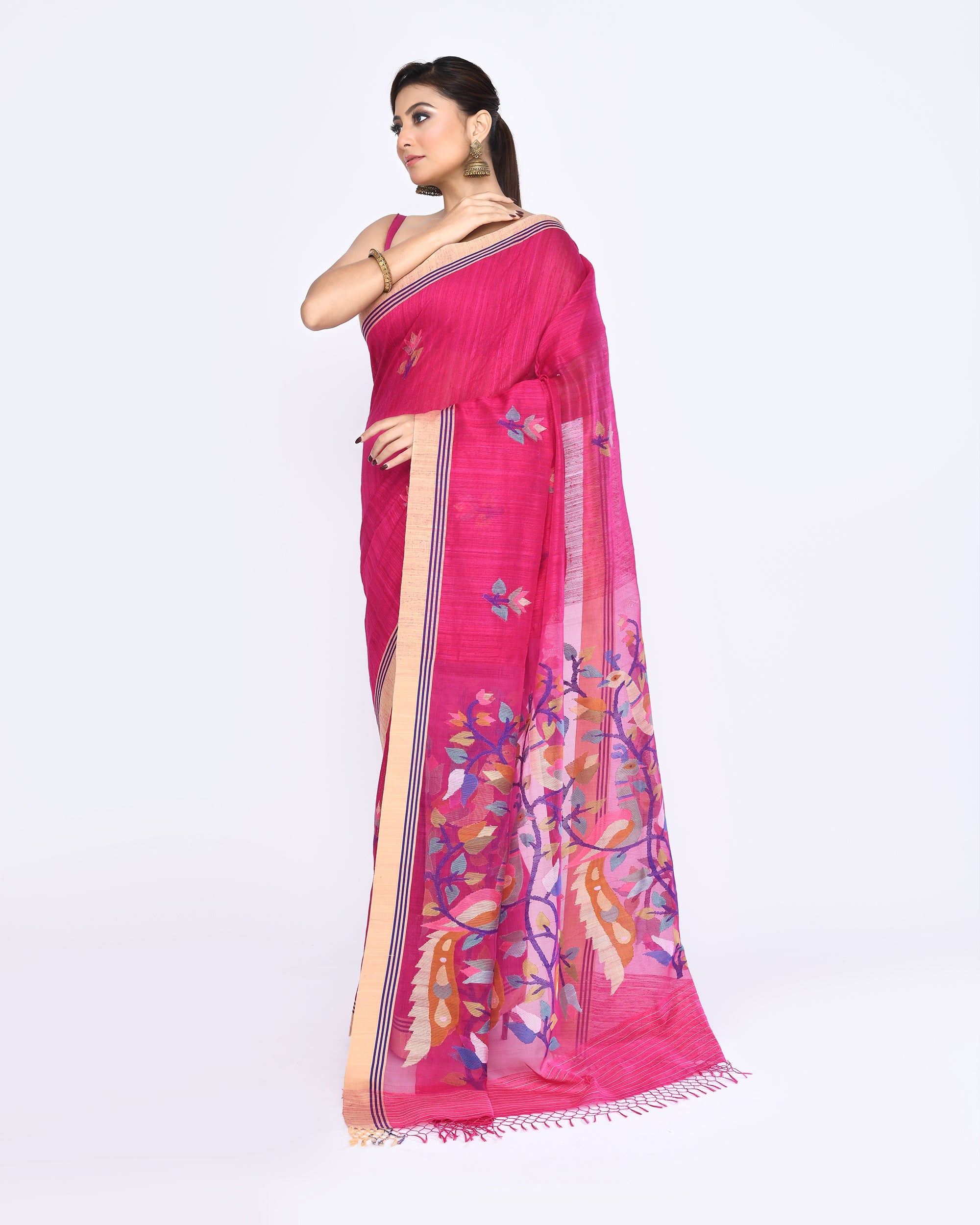 Piyari Fashion Women's Rani Pink Embellished Matka Silk Jamdani Saree | Grocsy