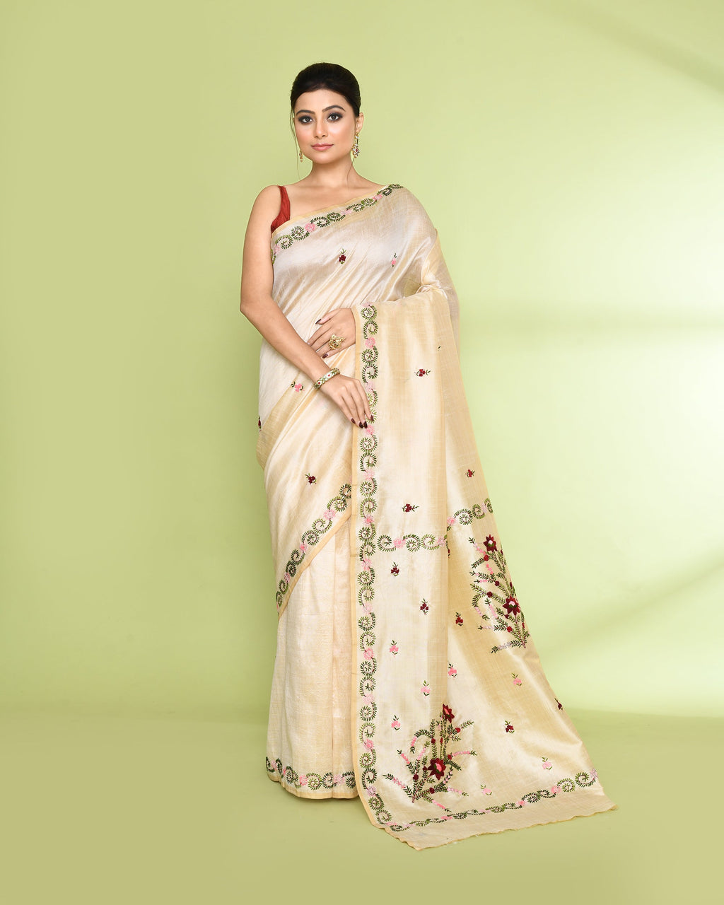 Piyari Fashion Women's Beige Embellished Embroidery Silk Saree | Grocsy