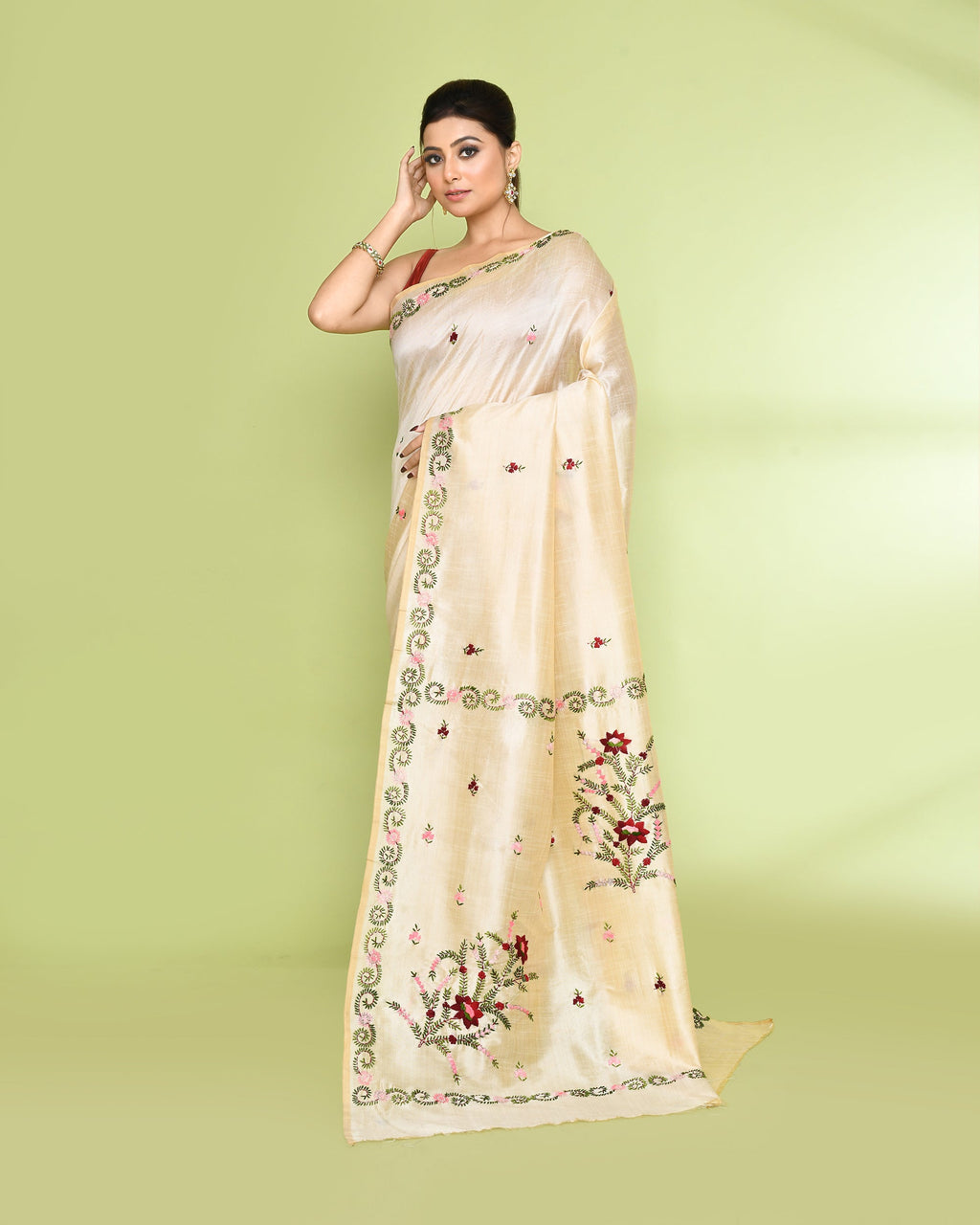 Piyari Fashion Women's Beige Embellished Embroidery Silk Saree | Grocsy