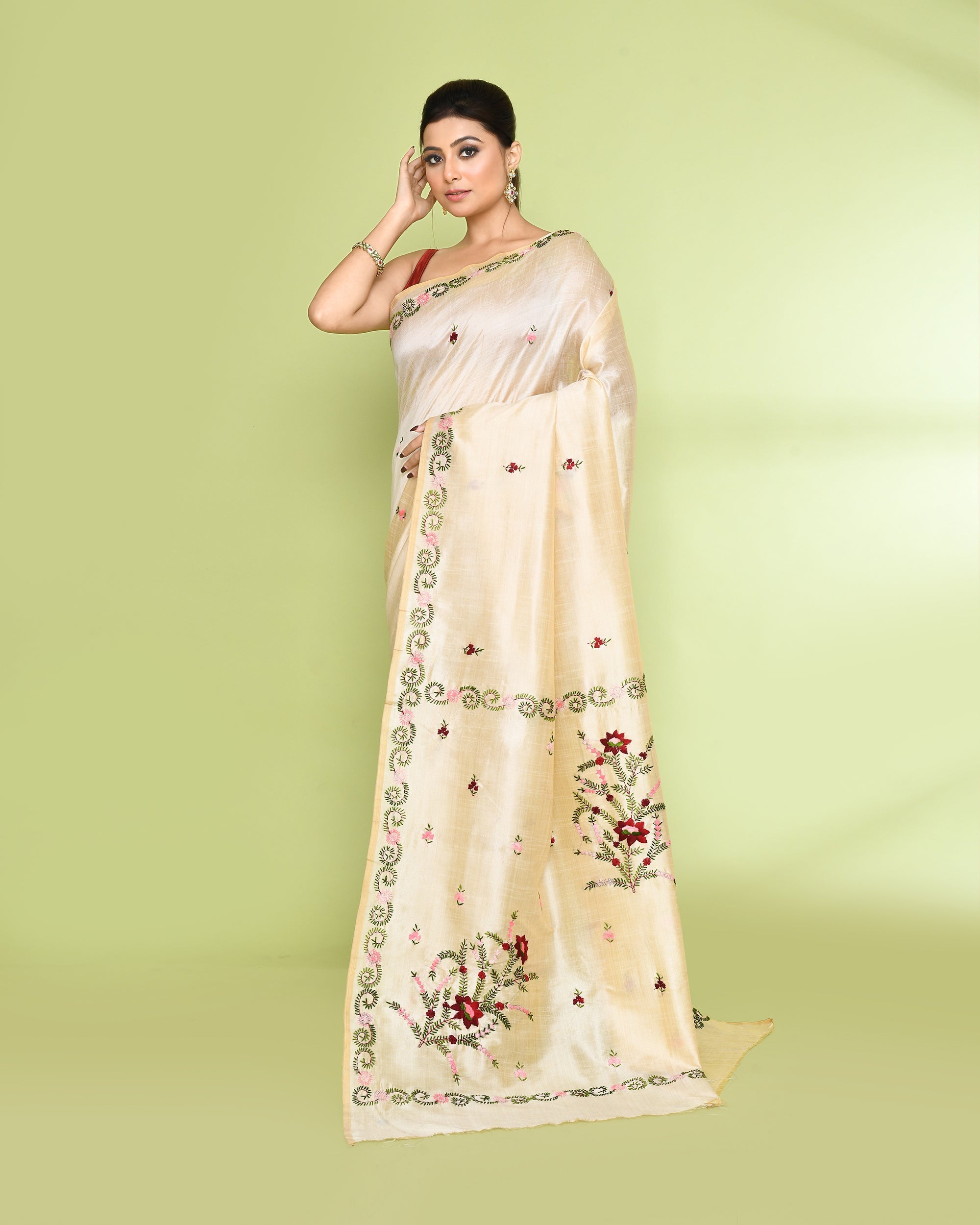 Piyari Fashion Women's Beige Embellished Embroidery Silk Saree | Grocsy