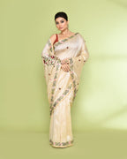 Piyari Fashion Women's Beige Embellished Embroidery Silk Saree | Grocsy