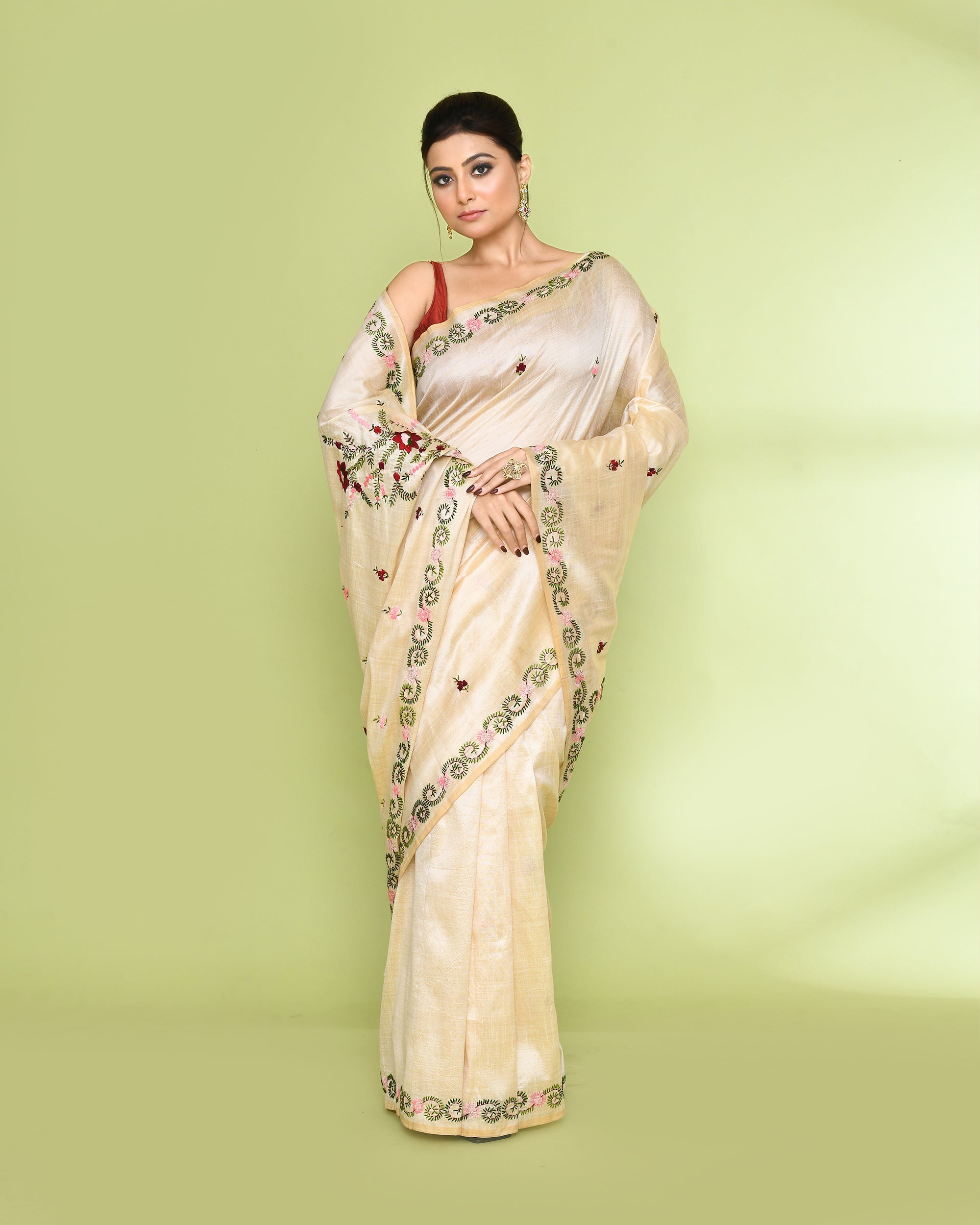 Piyari Fashion Women's Beige Embellished Embroidery Silk Saree | Grocsy