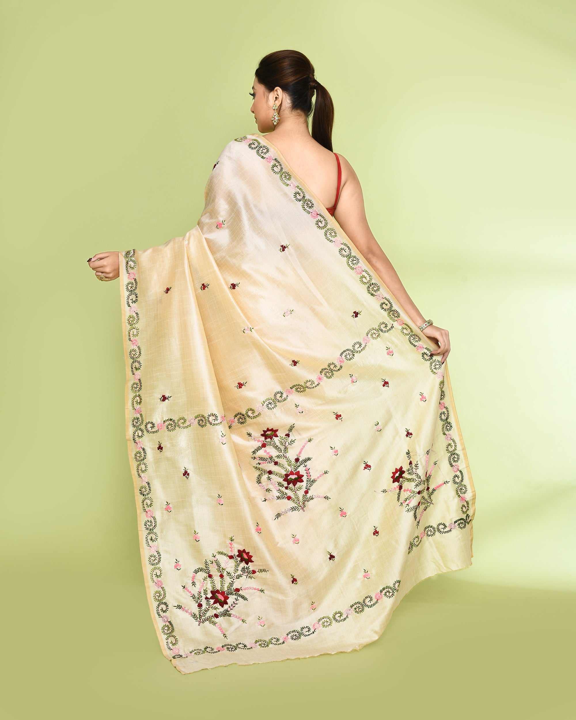 Piyari Fashion Women's Beige Embellished Embroidery Silk Saree | Grocsy