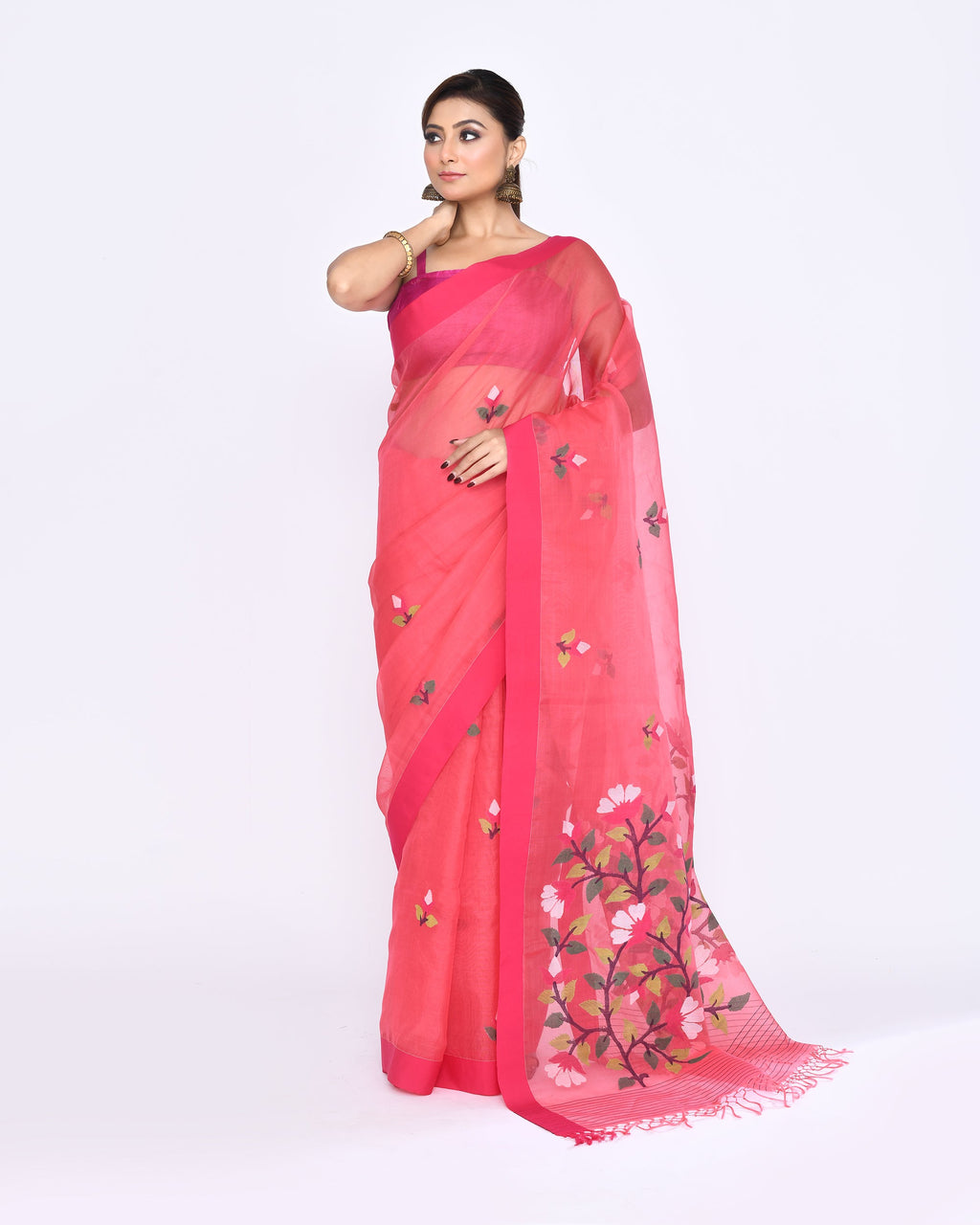 Piyari Fashion Women's Pink Embellished Silk Jamdani Saree | Grocsy