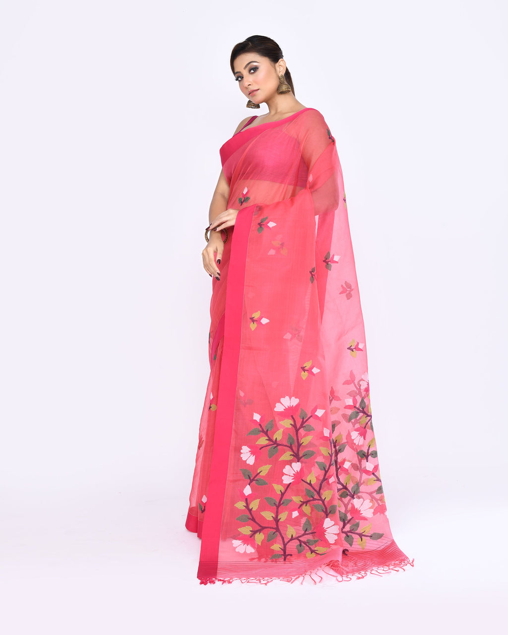 Piyari Fashion Women's Pink Embellished Silk Jamdani Saree | Grocsy