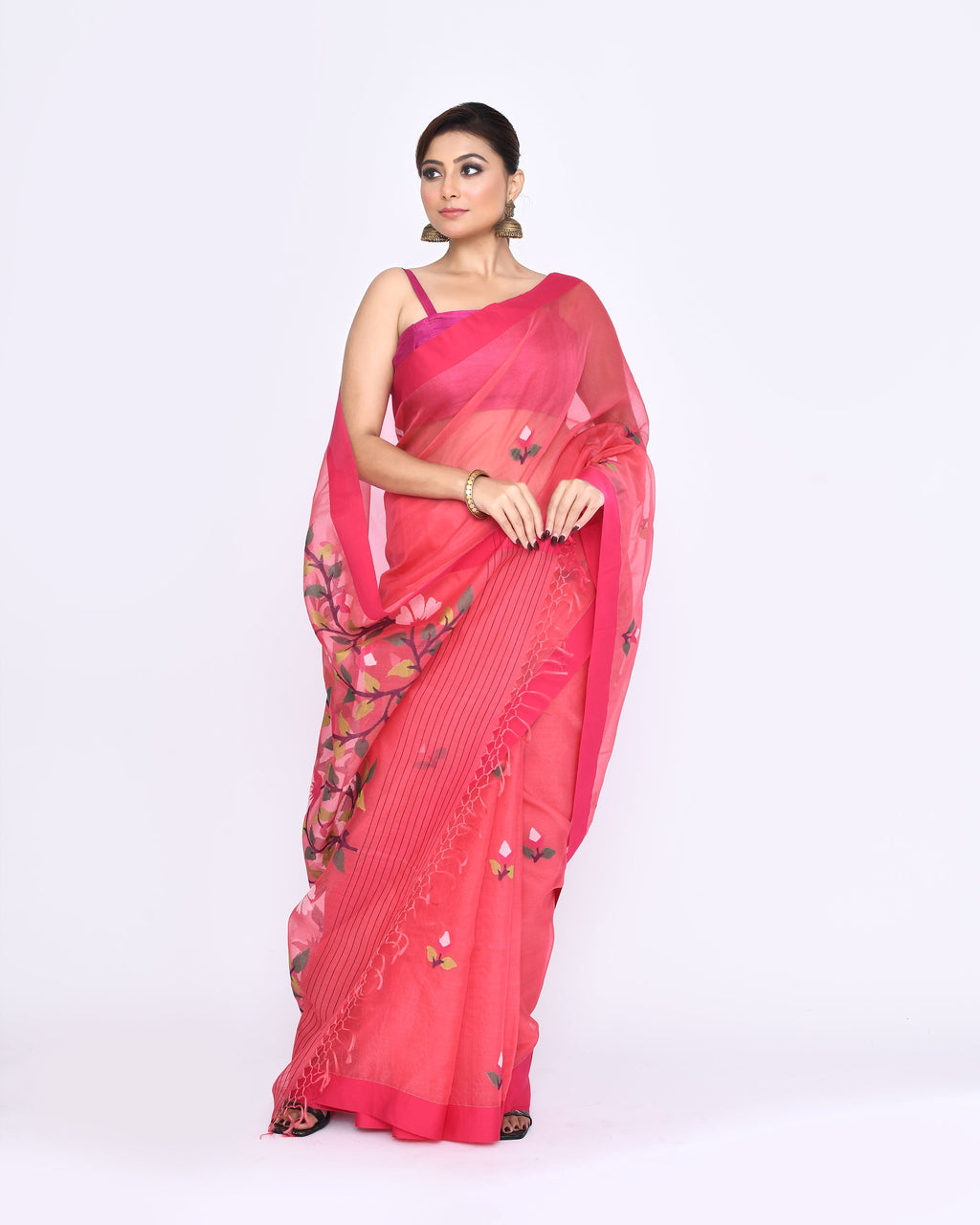 Piyari Fashion Women's Pink Embellished Silk Jamdani Saree | Grocsy