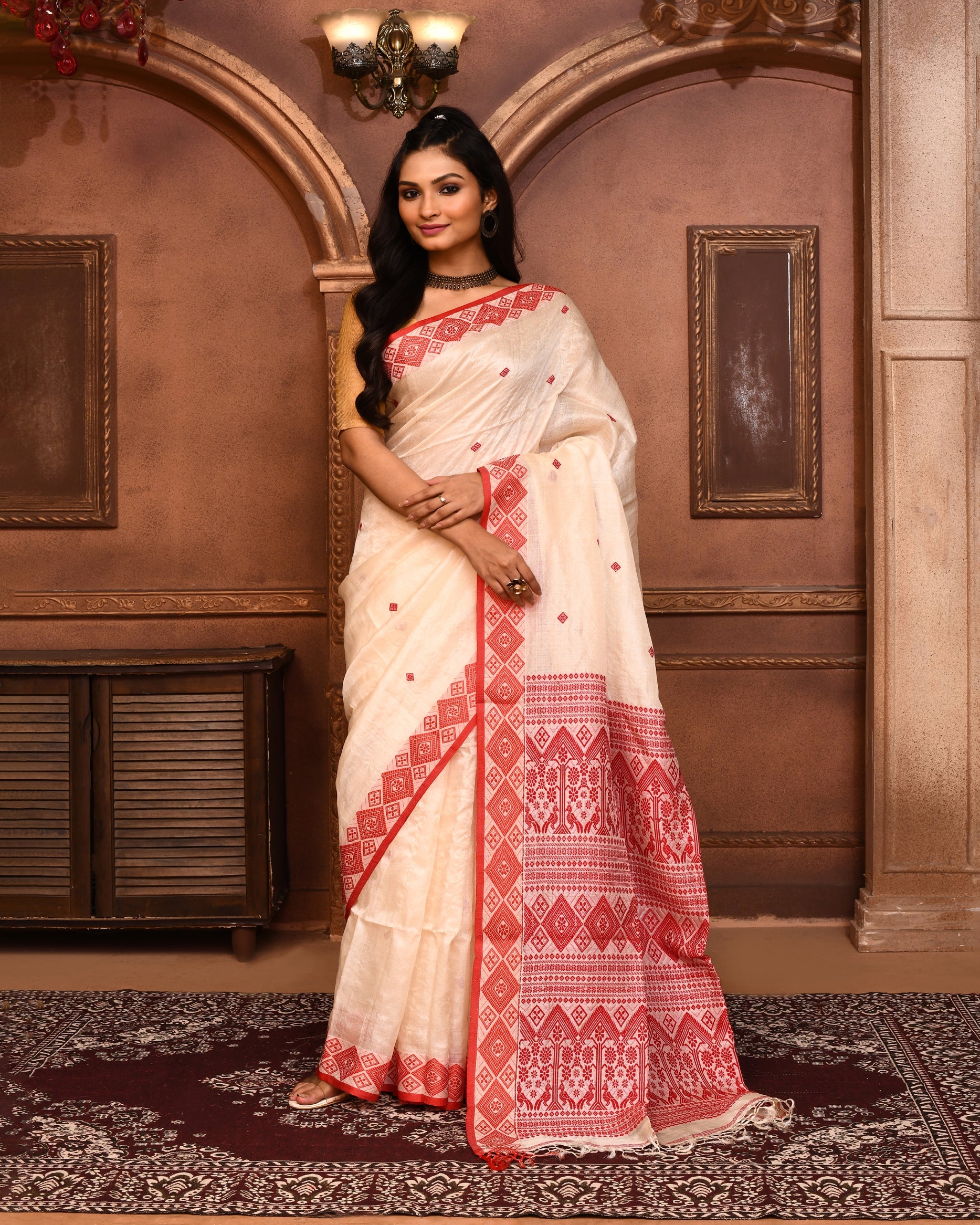 Piyari Fashion Off White Tussar Silk Saree With Blouse Piece | Grocsy