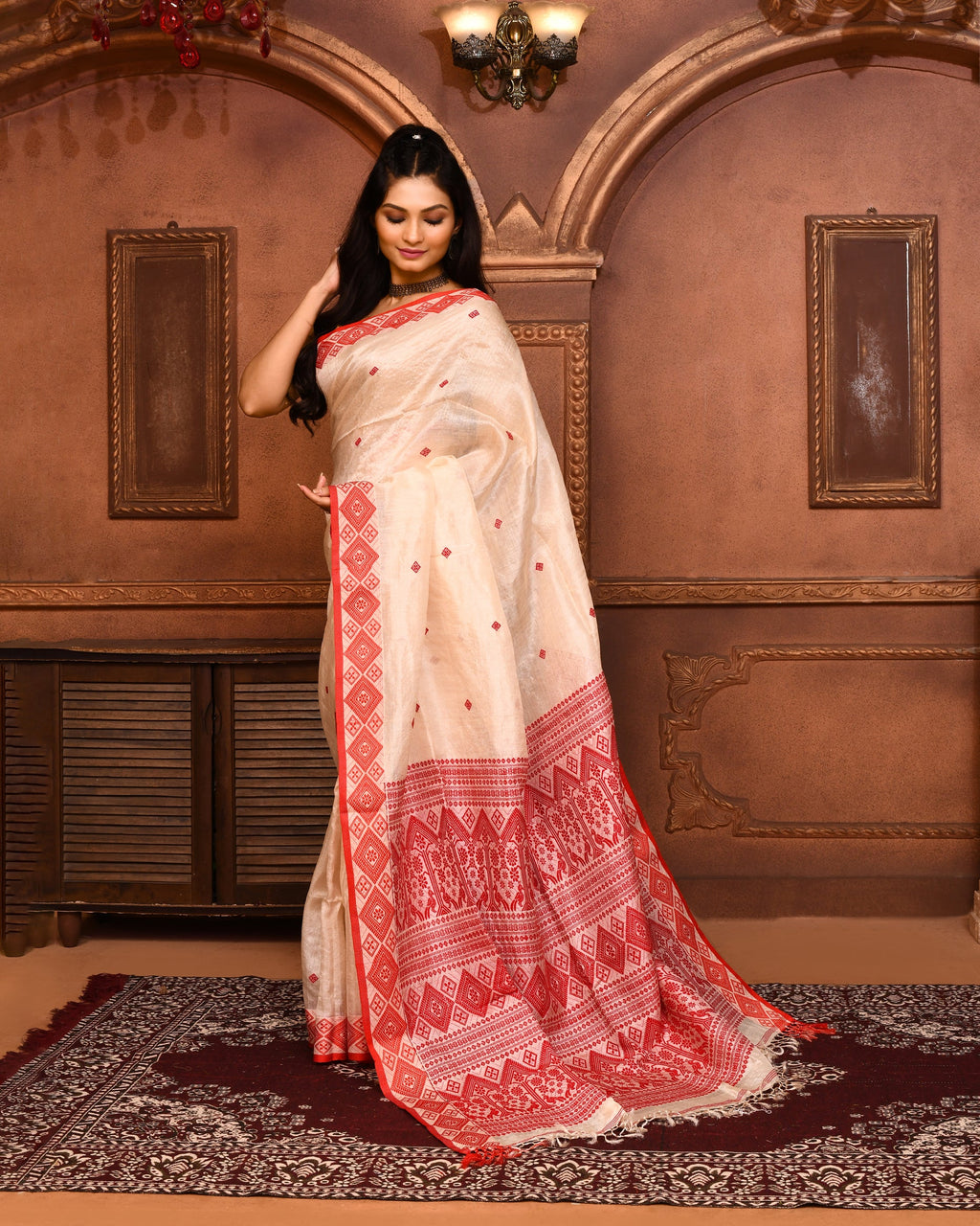 Piyari Fashion Off White Tussar Silk Saree With Blouse Piece | Grocsy