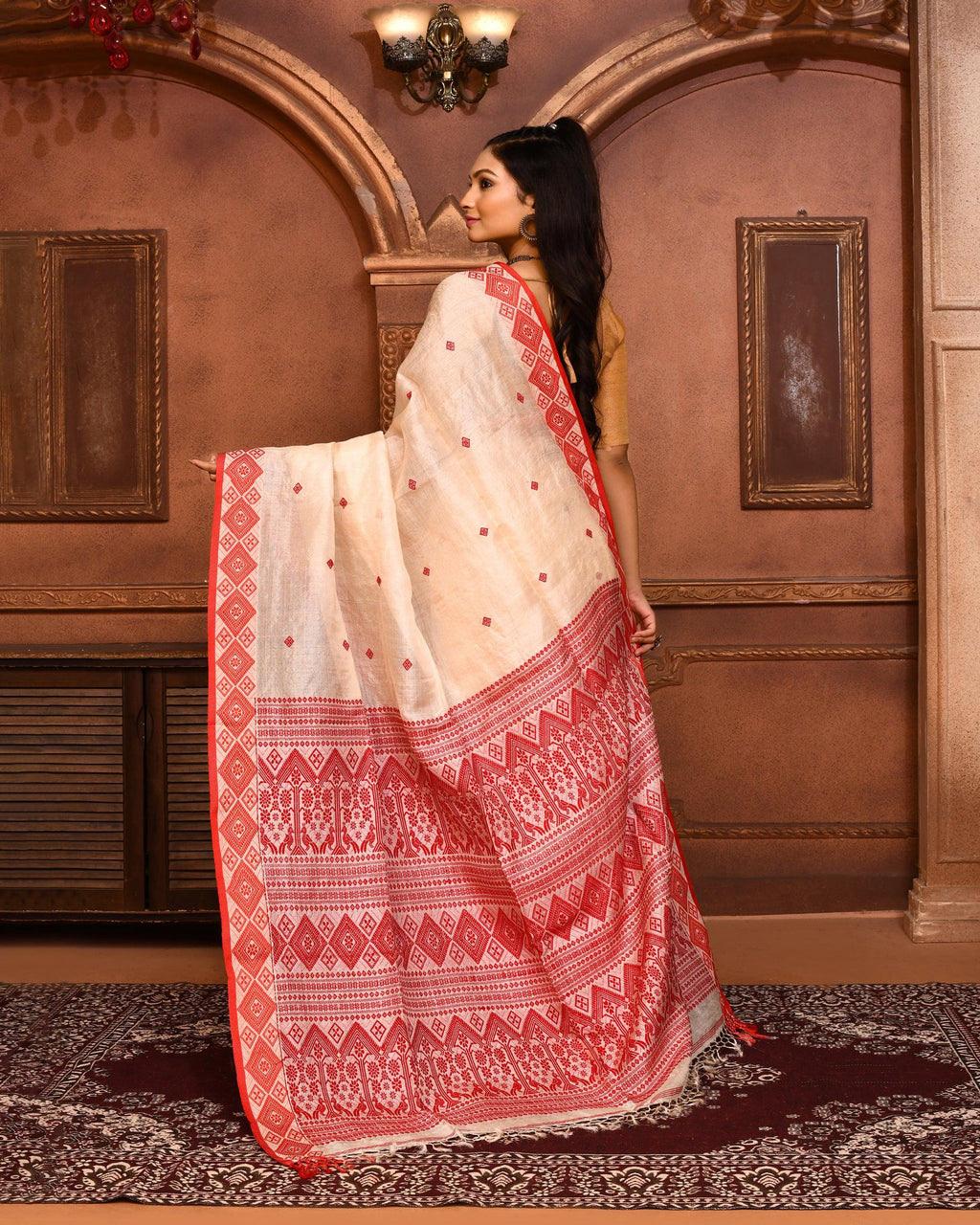 Piyari Fashion Off White Tussar Silk Saree With Blouse Piece | Grocsy