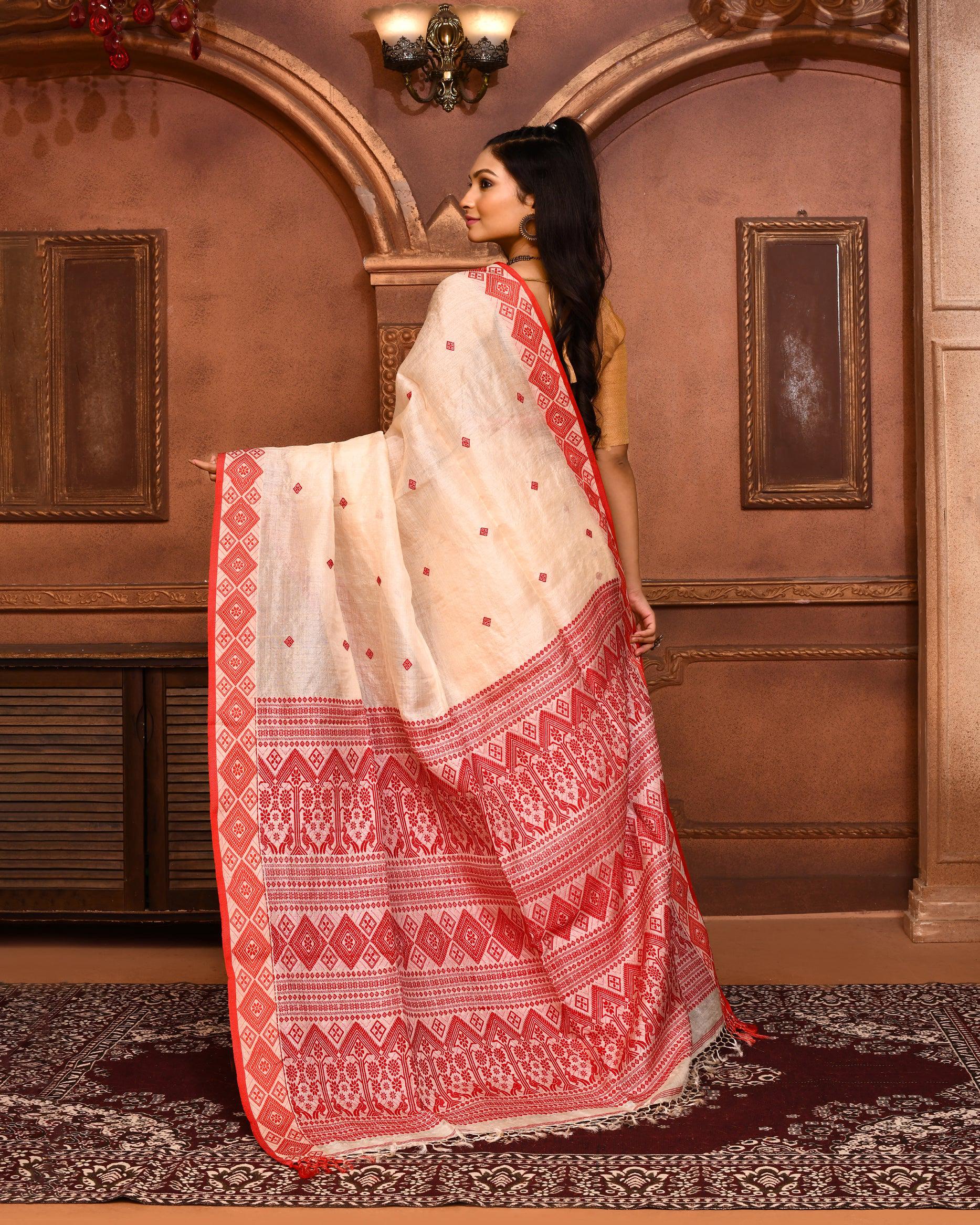 Piyari Fashion Off White Tussar Silk Saree With Blouse Piece | Grocsy