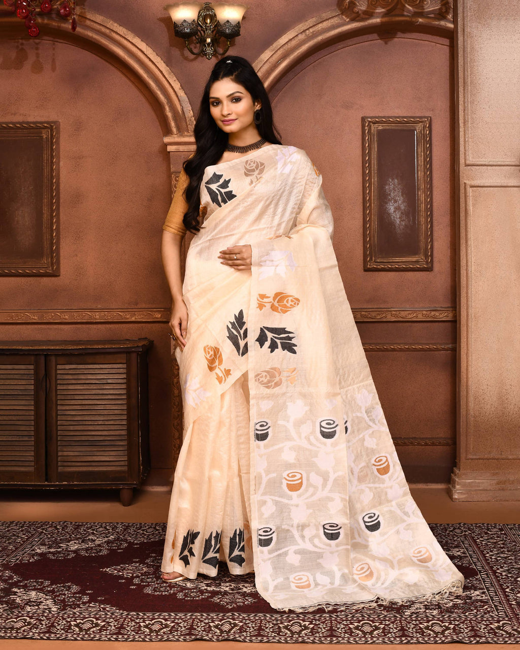 Piyari Fashion Off White Tussar Silk Jamdani Saree With Blouse Piece | Grocsy