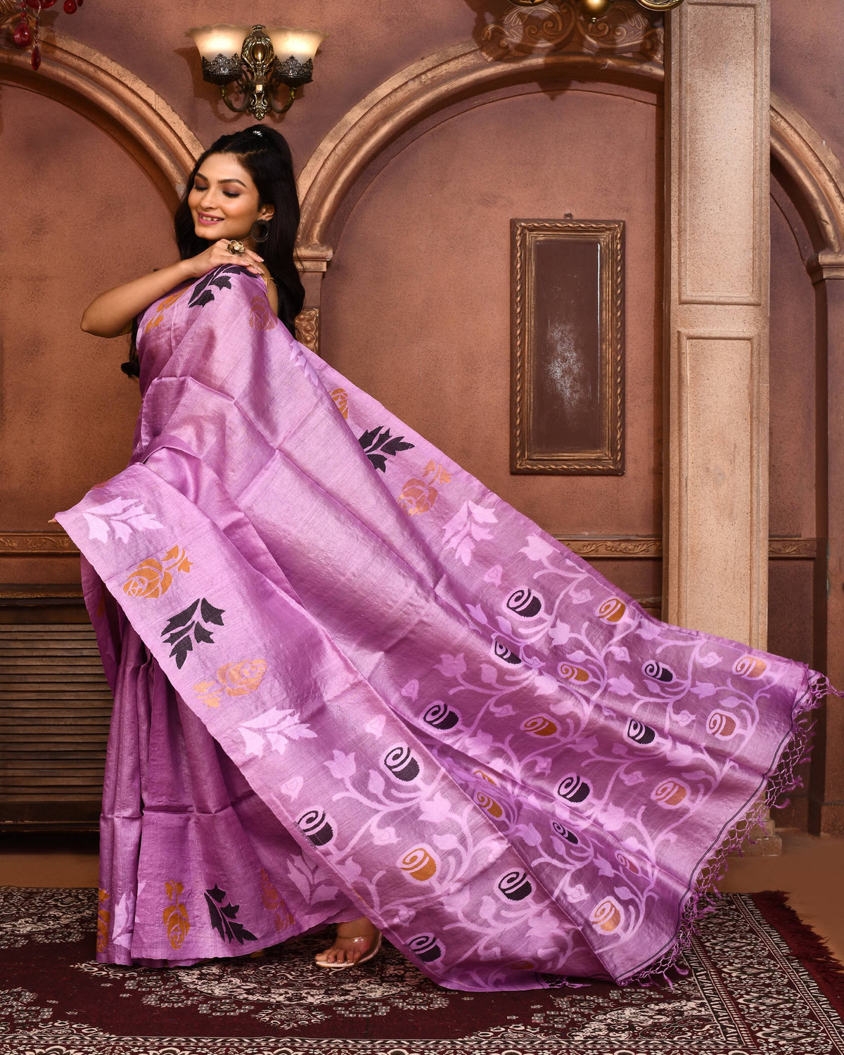 Piyari Fashion Purple Tussar Silk Jamdani Saree With Blouse Piece | Grocsy