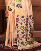 Piyari Fashion Beige Tussar Silk Jamdani Saree With Blouse Piece | Grocsy