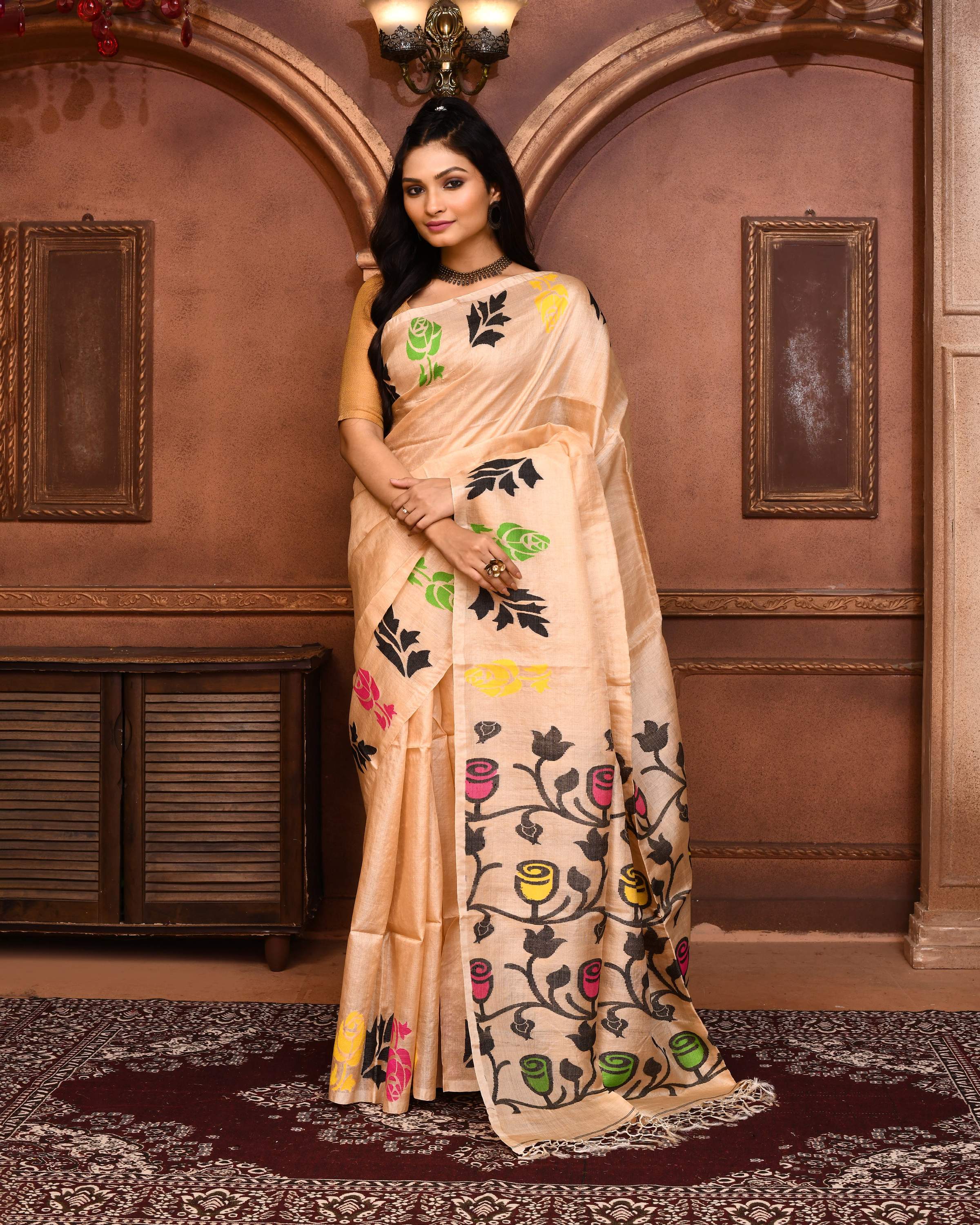 Piyari Fashion Beige Tussar Silk Jamdani Saree With Blouse Piece | Grocsy