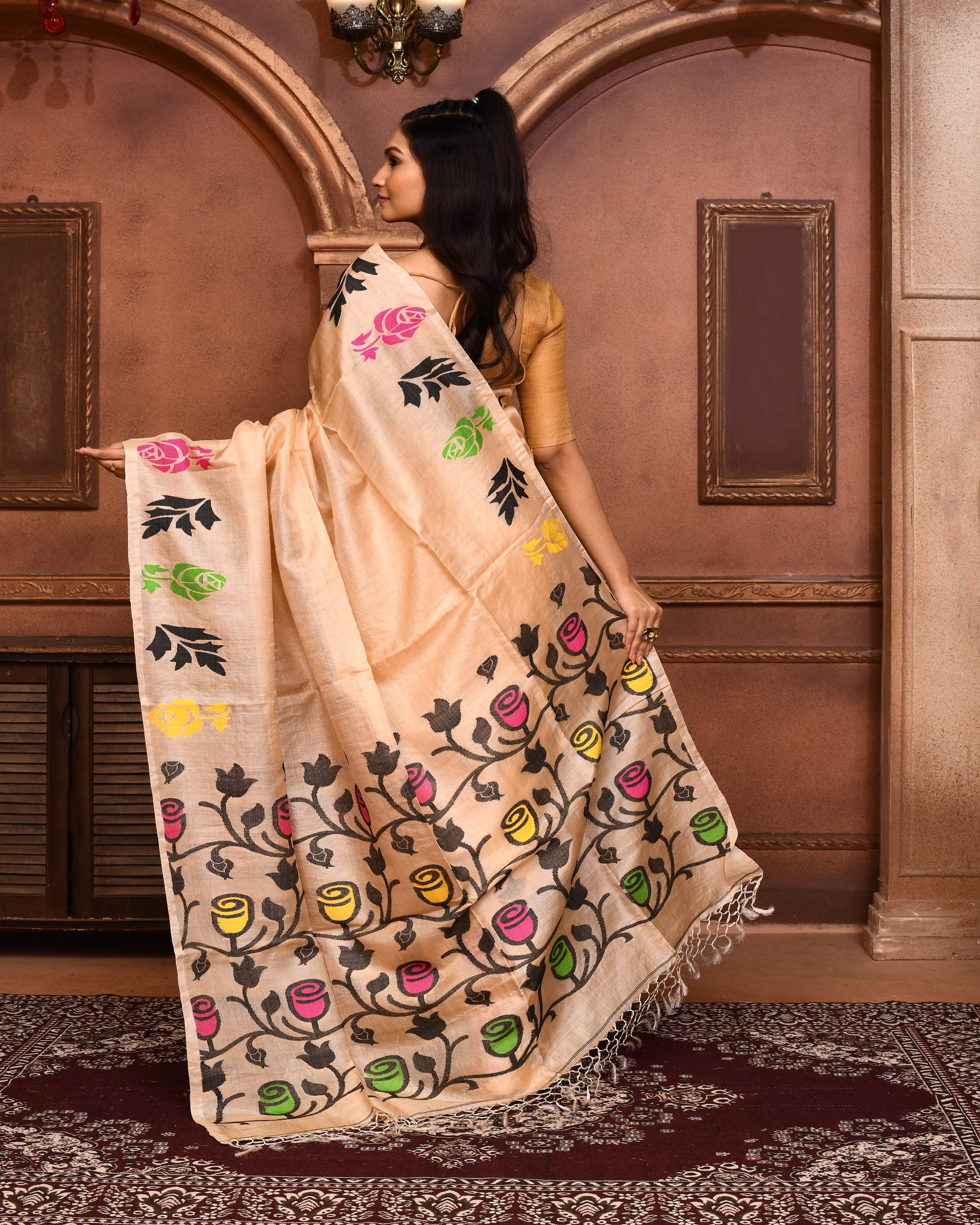 Piyari Fashion Beige Tussar Silk Jamdani Saree With Blouse Piece | Grocsy