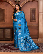 Piyari Fashion Turquoise Blue Tussar Silk Jamdani Saree With Blouse Piece | Grocsy