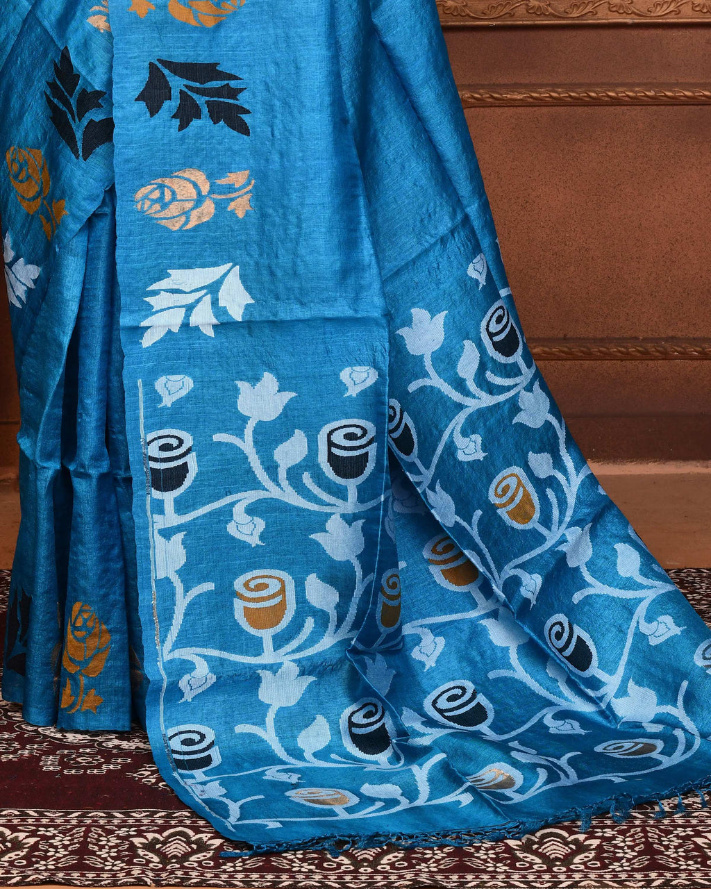 Piyari Fashion Turquoise Blue Tussar Silk Jamdani Saree With Blouse Piece | Grocsy