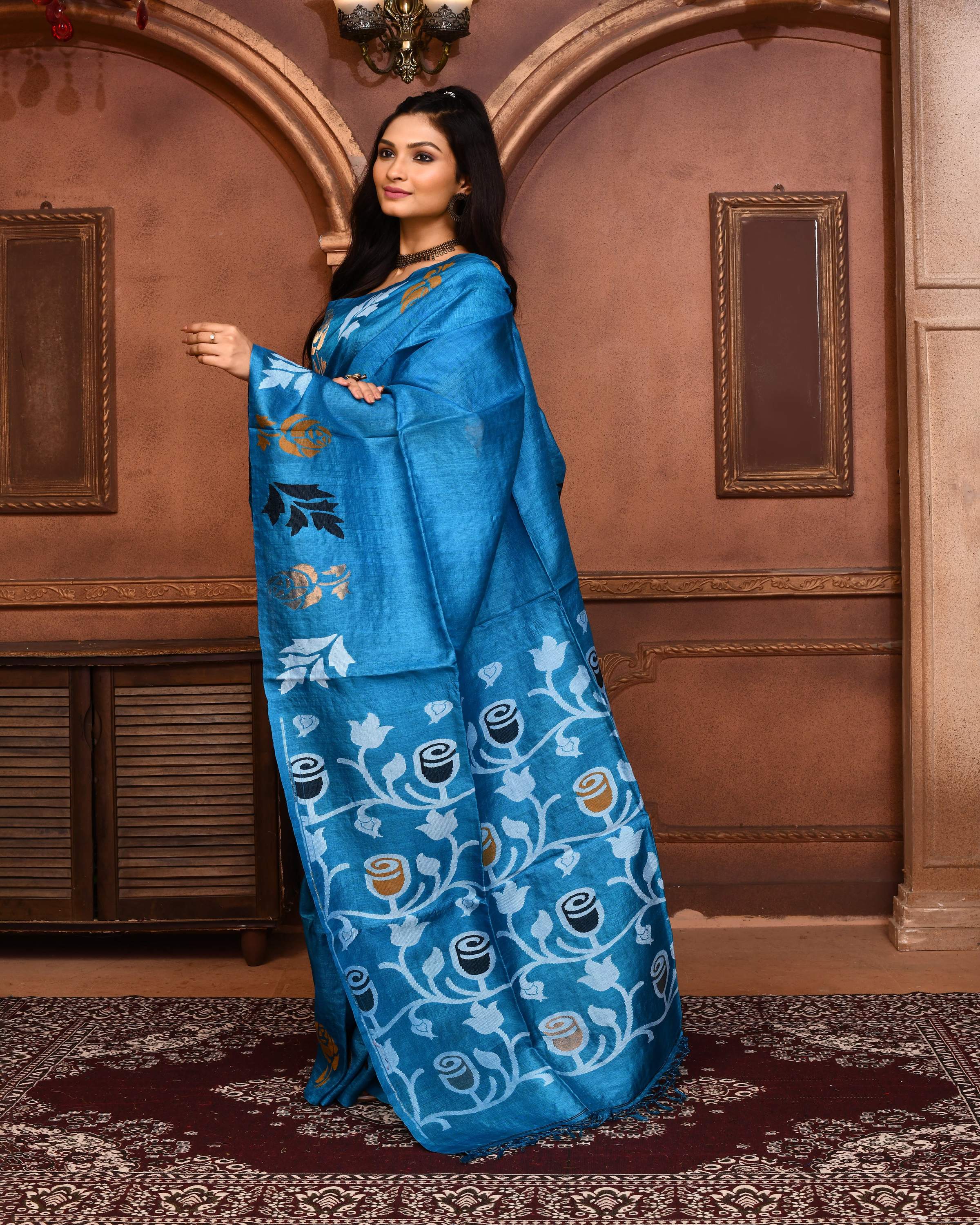Piyari Fashion Turquoise Blue Tussar Silk Jamdani Saree With Blouse Piece | Grocsy