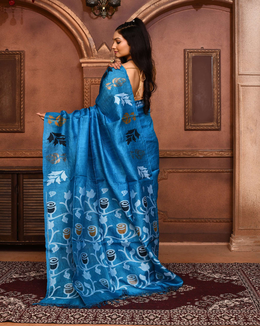 Piyari Fashion Turquoise Blue Tussar Silk Jamdani Saree With Blouse Piece | Grocsy