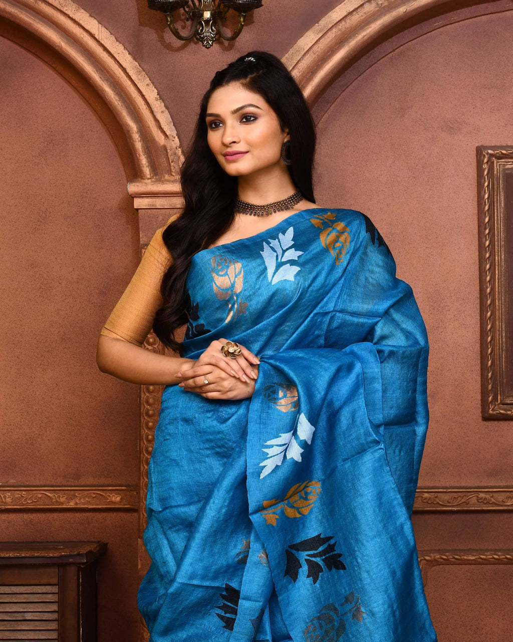 Piyari Fashion Turquoise Blue Tussar Silk Jamdani Saree With Blouse Piece | Grocsy