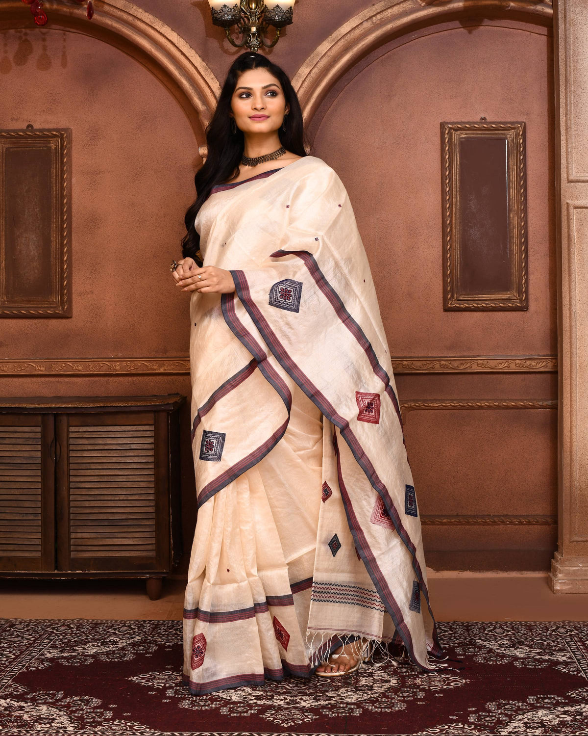 Piyari Fashion Off White Tussar Silk Jamdani Saree With Blouse Piece | Grocsy