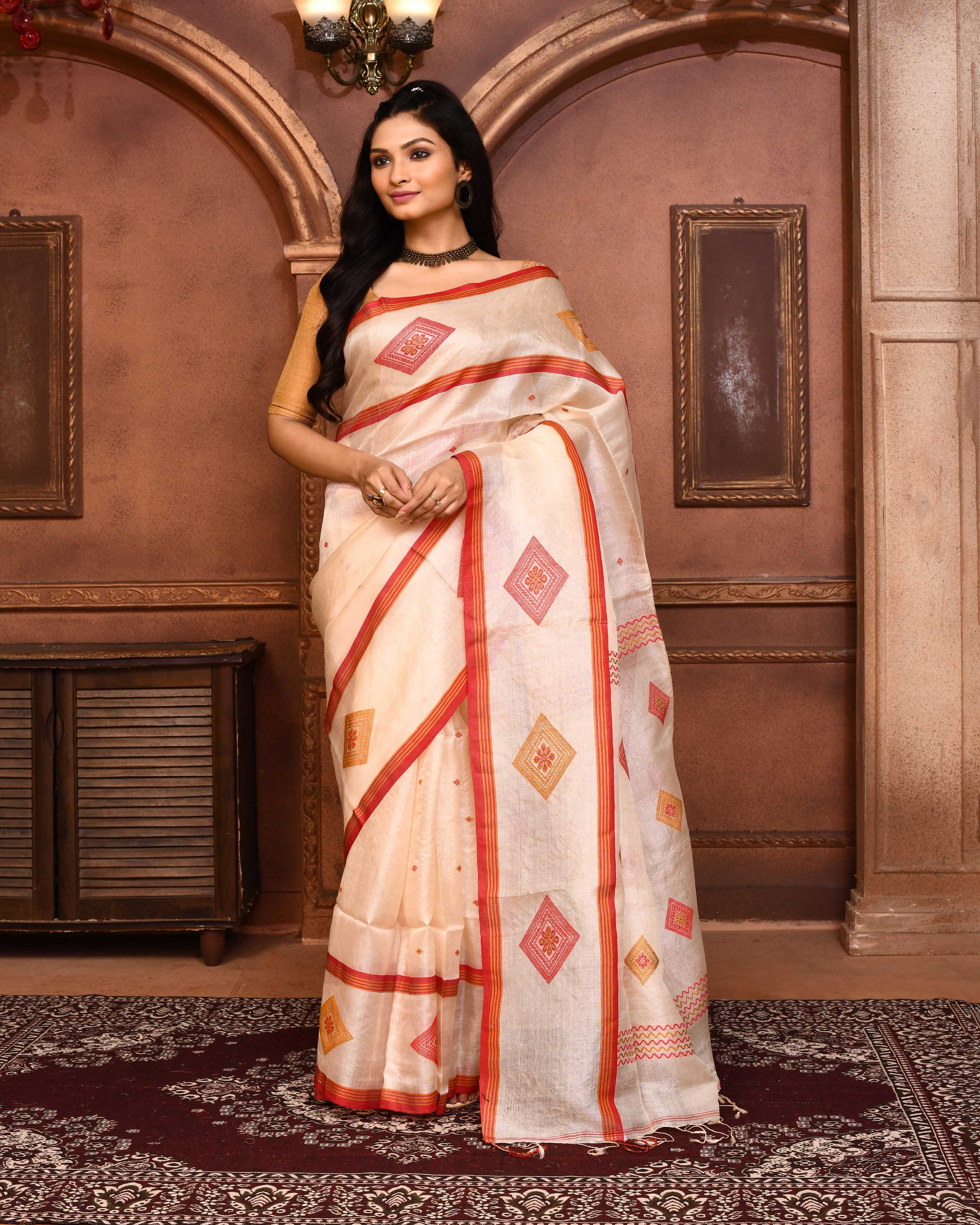 Piyari Fashion Off White Tussar Silk Jamdani Saree With Blouse Piece | Grocsy