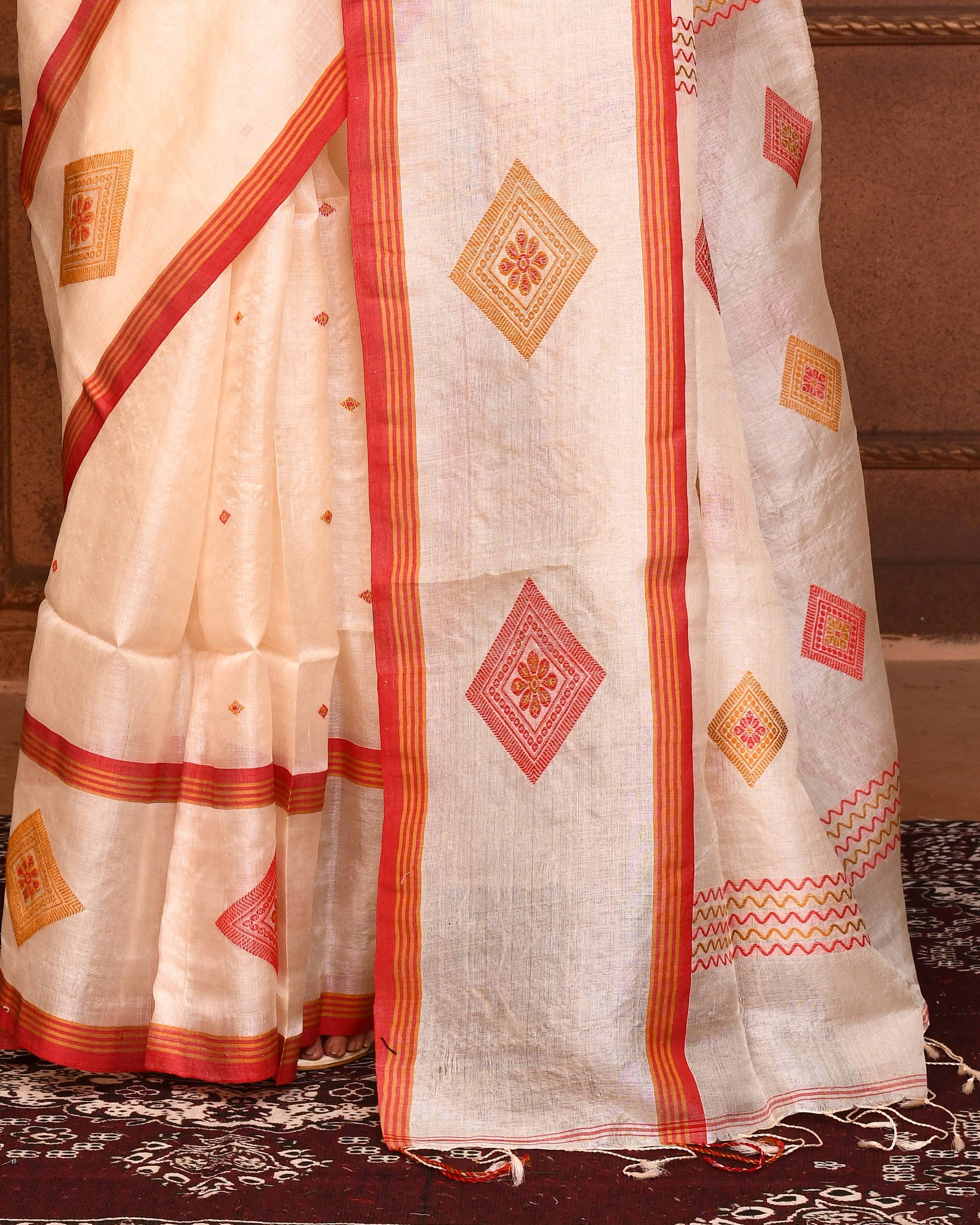 Piyari Fashion Off White Tussar Silk Jamdani Saree With Blouse Piece | Grocsy