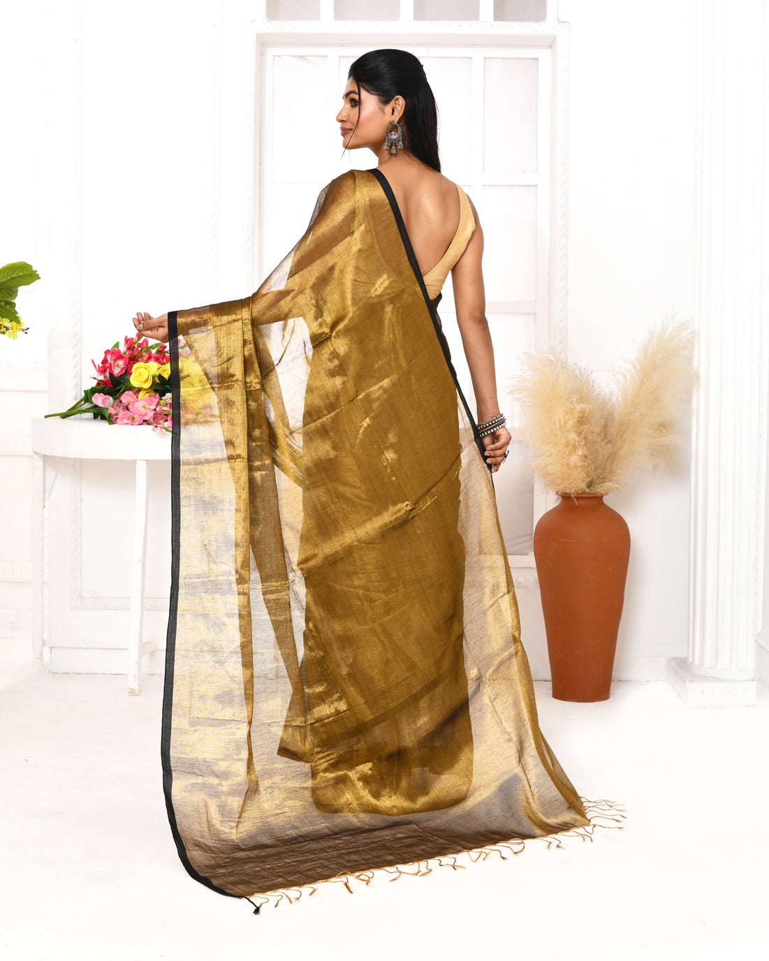Piyari Fashion Women's Gold Dual Tone Organic Tissue Saree With Blouse Piece | Grocsy