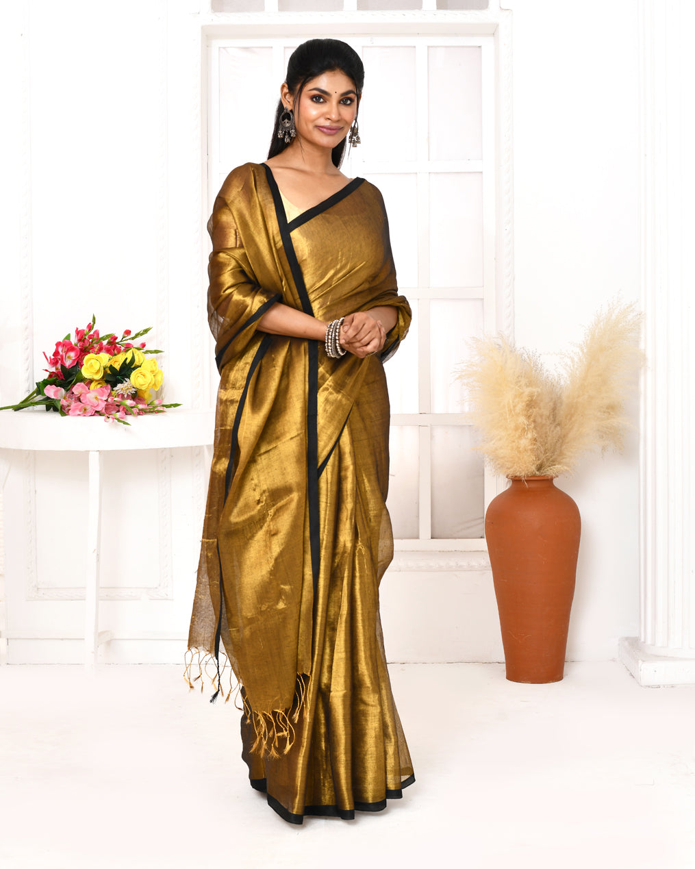 Piyari Fashion Women's Gold Dual Tone Organic Tissue Saree With Blouse Piece | Grocsy