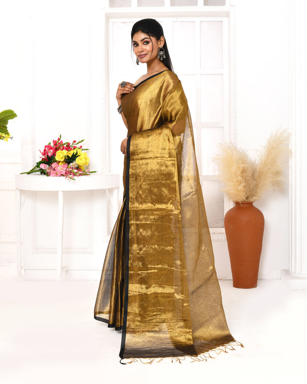 Piyari Fashion Women's Gold Dual Tone Organic Tissue Saree With Blouse Piece | Grocsy