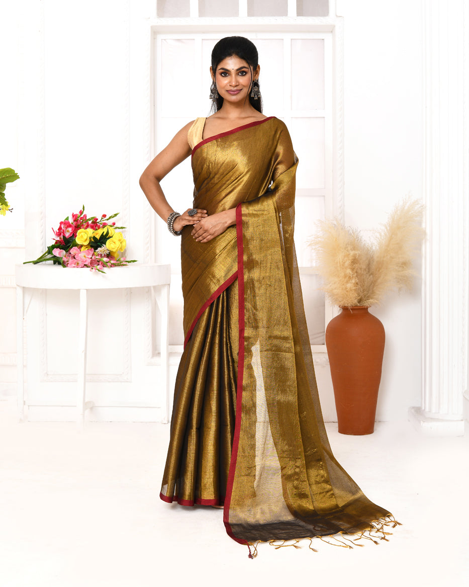 Piyari Fashion Women's Gold Dual Tone Organic Tissue Saree With Blouse Piece | Grocsy