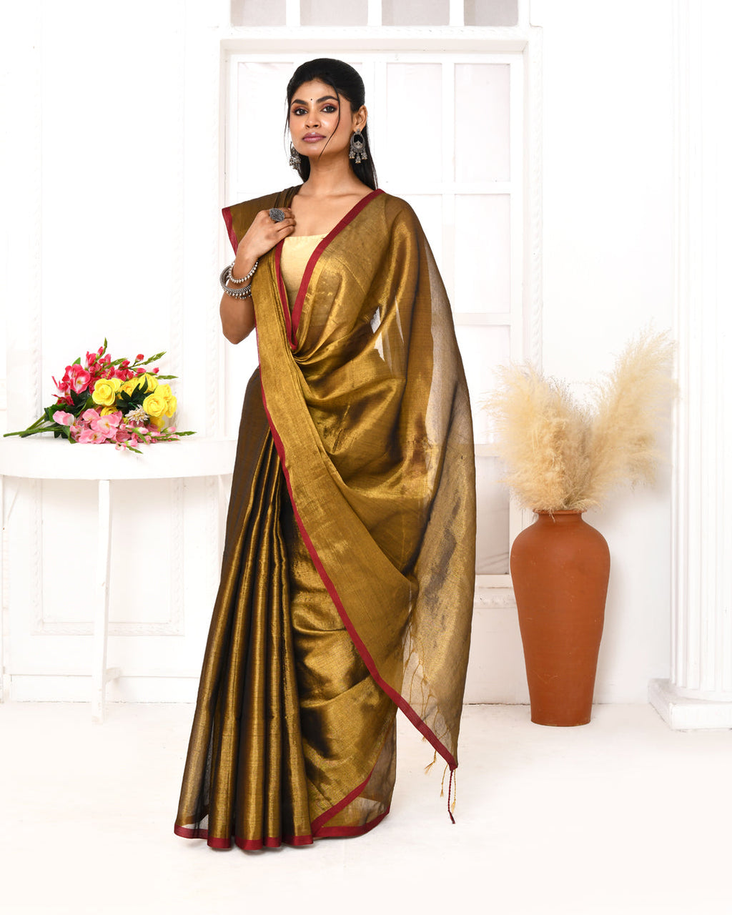 Piyari Fashion Women's Gold Dual Tone Organic Tissue Saree With Blouse Piece | Grocsy