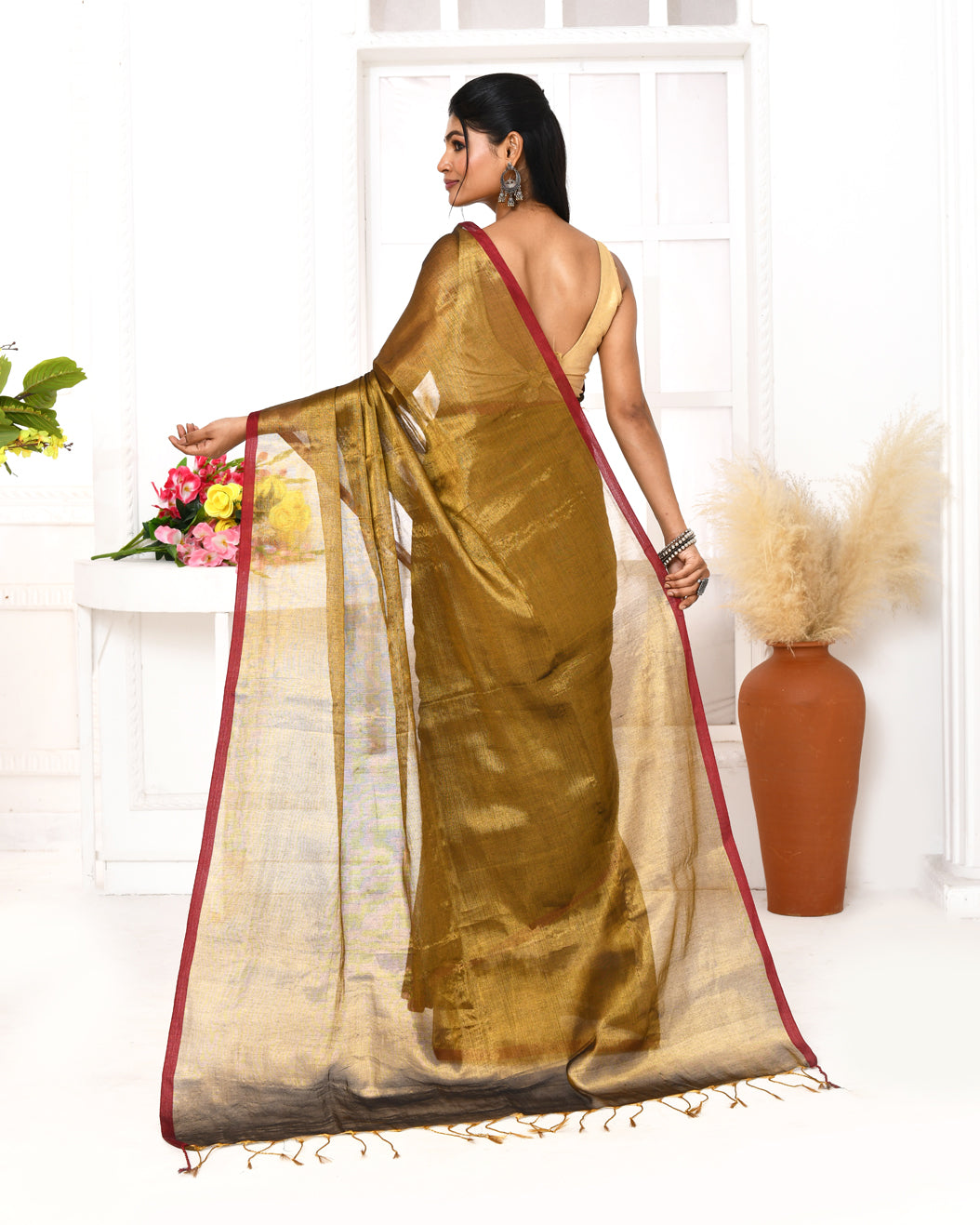 Piyari Fashion Women's Gold Dual Tone Organic Tissue Saree With Blouse Piece | Grocsy