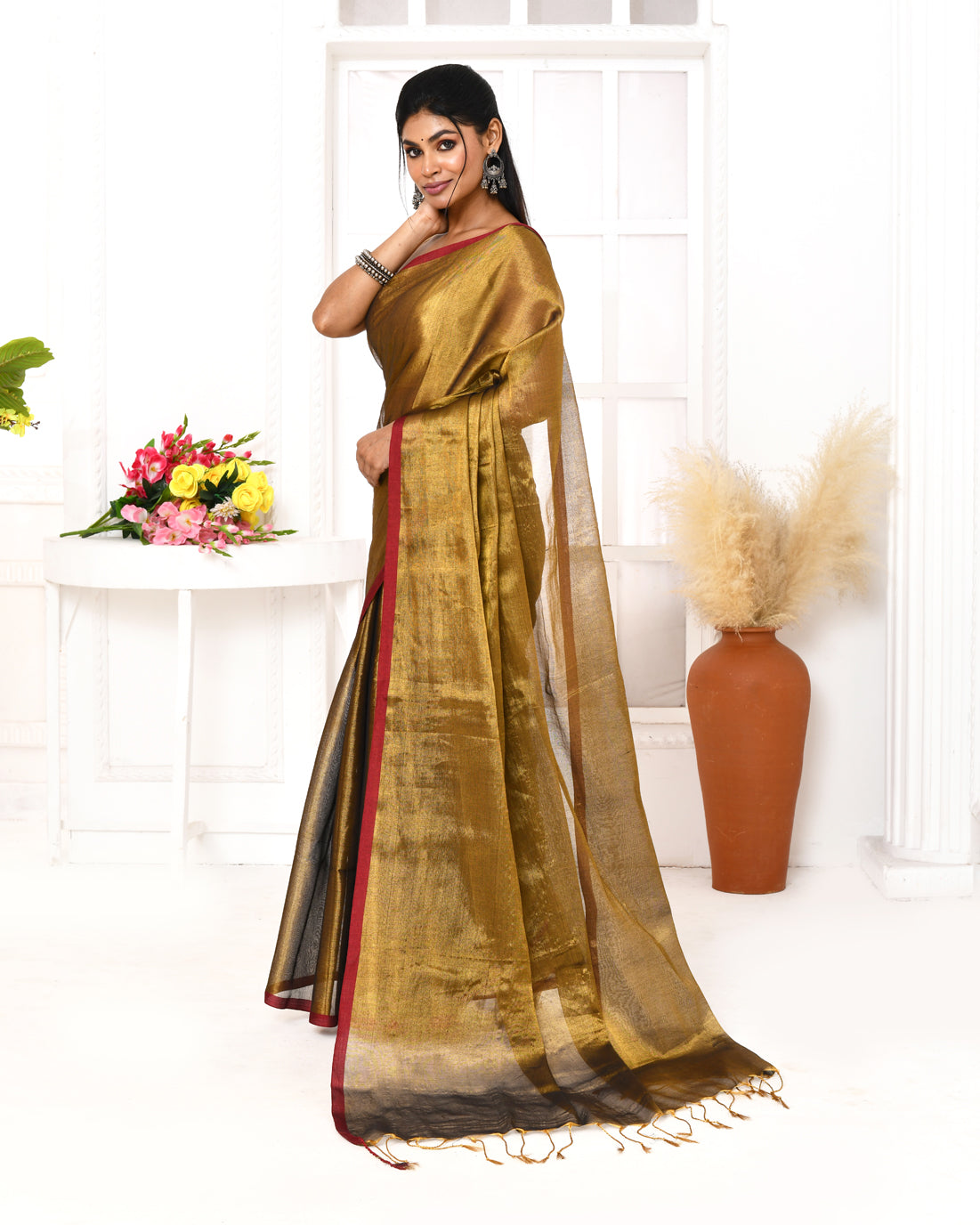 Piyari Fashion Women's Gold Dual Tone Organic Tissue Saree With Blouse Piece | Grocsy