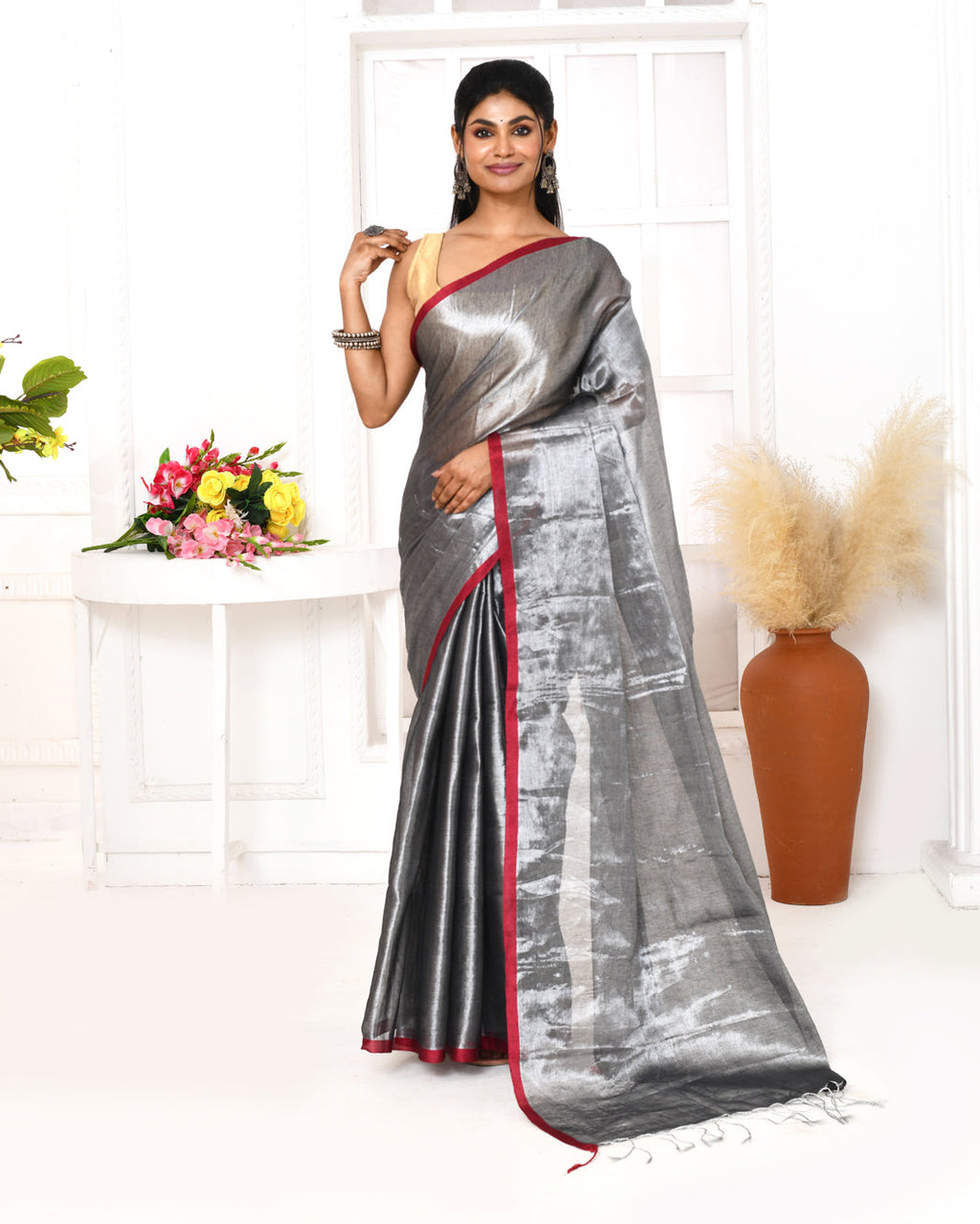 Piyari Fashion Women's Silver Grey Dual Tone Organic Tissue Saree With Blouse Piece | Grocsy