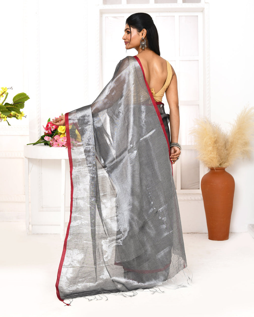 Piyari Fashion Women's Silver Grey Dual Tone Organic Tissue Saree With Blouse Piece | Grocsy