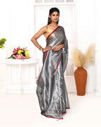 Piyari Fashion Women's Silver Grey Dual Tone Organic Tissue Saree With Blouse Piece | Grocsy