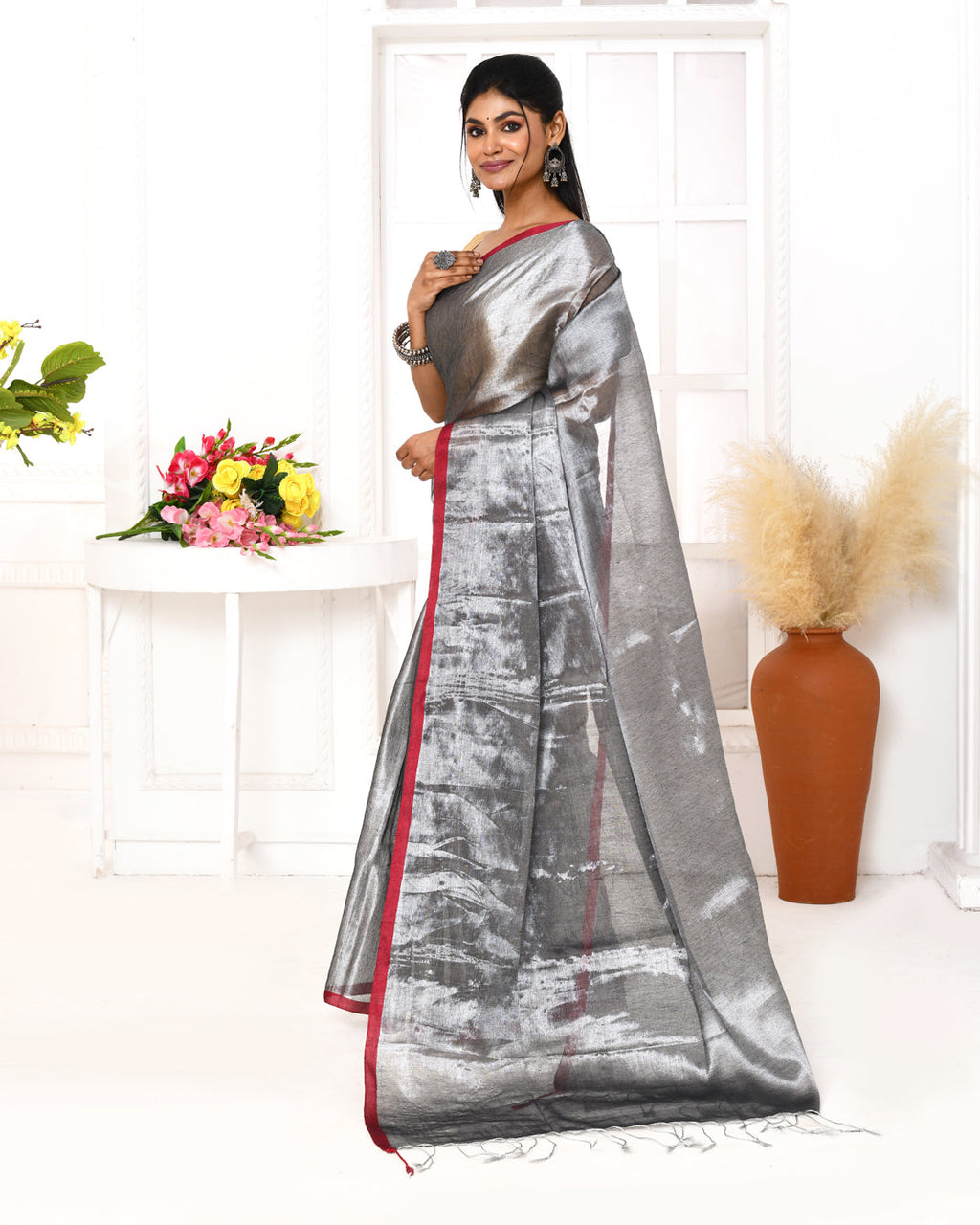 Piyari Fashion Women's Silver Grey Dual Tone Organic Tissue Saree With Blouse Piece | Grocsy