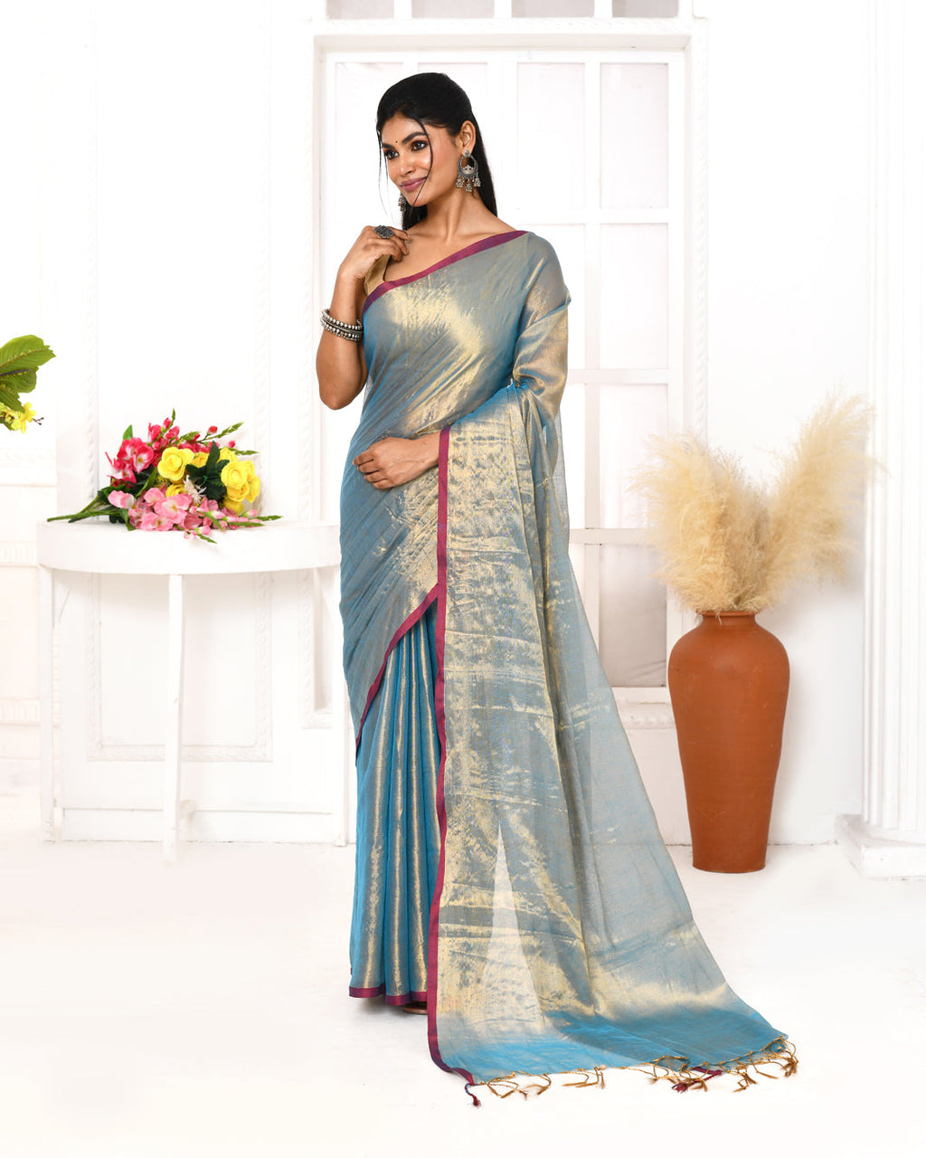Piyari Fashion Women's Copper Blue Dual Tone Organic Tissue Saree With Blouse Piece | Grocsy