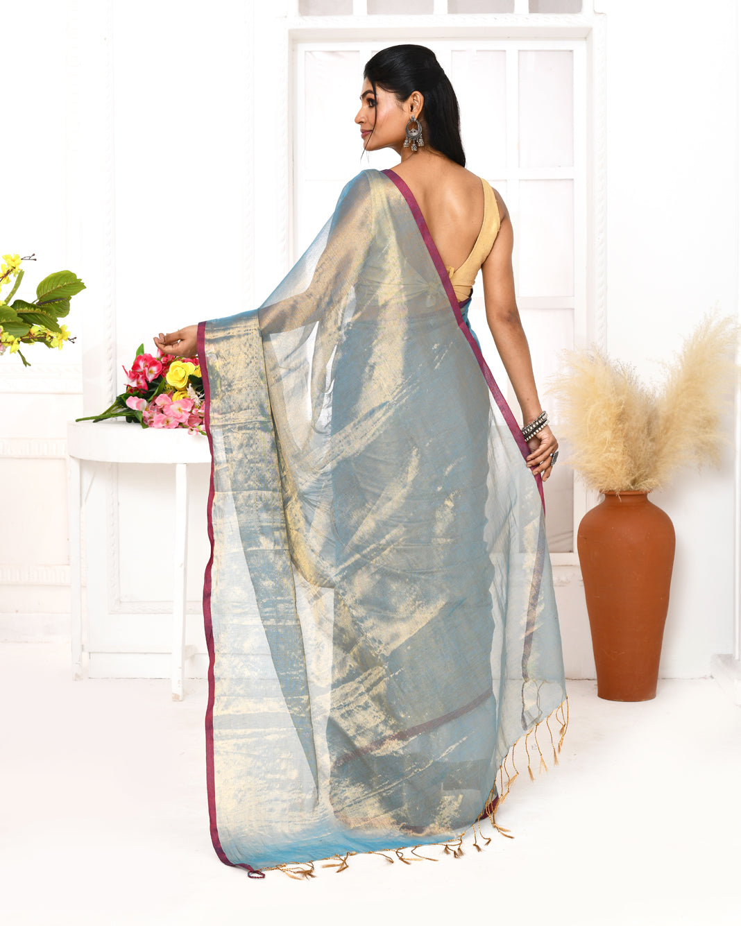 Piyari Fashion Women's Copper Blue Dual Tone Organic Tissue Saree With Blouse Piece | Grocsy
