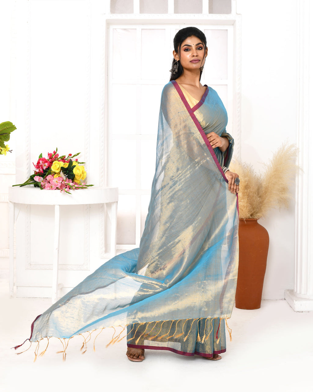 Piyari Fashion Women's Copper Blue Dual Tone Organic Tissue Saree With Blouse Piece | Grocsy