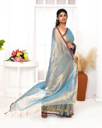 Piyari Fashion Women's Copper Blue Dual Tone Organic Tissue Saree With Blouse Piece | Grocsy