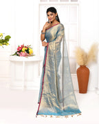 Piyari Fashion Women's Copper Blue Dual Tone Organic Tissue Saree With Blouse Piece | Grocsy