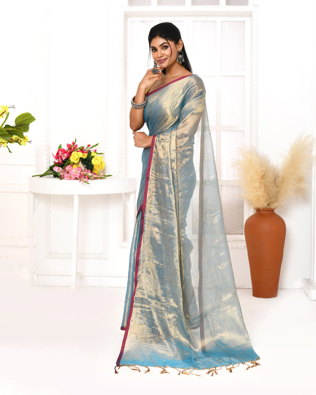 Piyari Fashion Women's Copper Blue Dual Tone Organic Tissue Saree With Blouse Piece | Grocsy